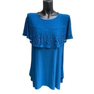 Double Heart Short Sleeve Round Neck Pullover Hilo Hem Blouse Top Blue Size L